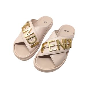 Fendi Fendigraphy Gold Logo Light Rose Pink Cross Cross Slide Sandals Size EU 41